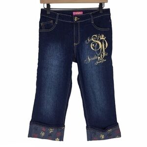 SOUTH POLE Capri Jeans Cuffed Rhinestones Metallic Dark Wash Denim Size 16 Girls